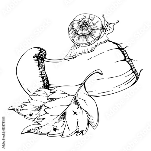 Birch bolete cep leccinum mushroom fungus, scaber stalk with snail on top, fallen autumn leaves. Forest floor scene. Nature hand drawn vector ink illustration. Stationery prints, calendar poster art