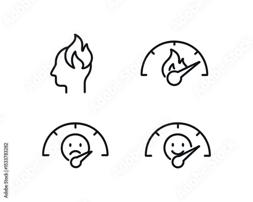 Emotion and stress level icons featuring gauges and human profile with flames vector line icon illustration