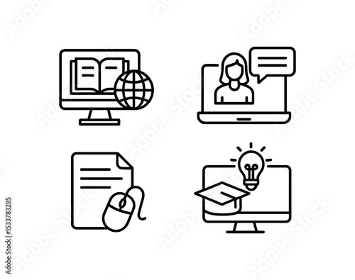 Online education icons: computer, book, globe, laptop, male, female vector line icon illustration