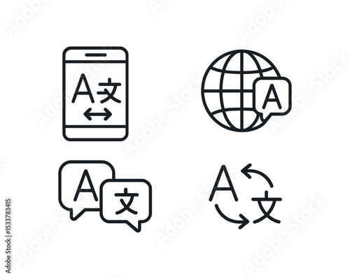 Language translation icons: smartphone, global, speech bubbles, arrows vector line icon illustration