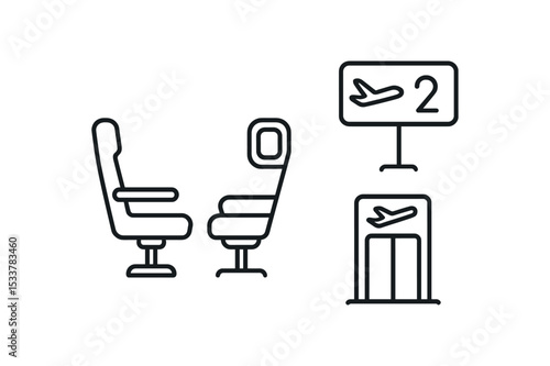 Airplane seats and airport gate sign icons for air travel concept vector line icon illustration
