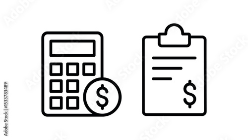 Financial calculator and budgeting clipboard icons vector line icon illustration
