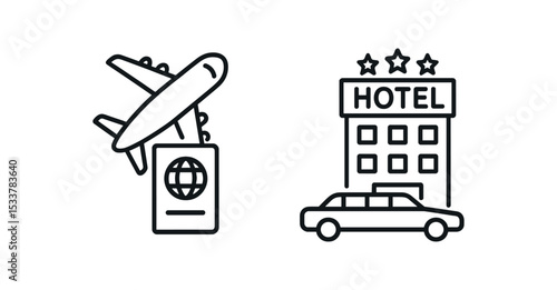Travel icons: airplane, passport, hotel, car vector line icon illustration