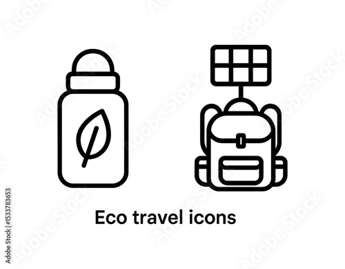 Eco travel icons with reusable bottle and solar-powered backpack vector line icon illustration