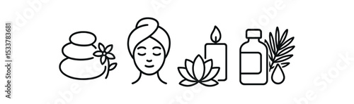 Spa and relaxation icons – stones, female face, candle, oil, lotus vector line icon illustration
