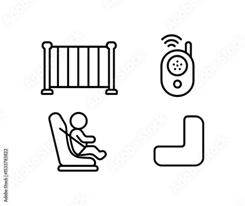 Baby safety essentials icons: gate, monitor, car seat, corner protector vector line icon illustration