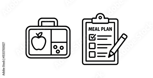 Lunchbox and meal plan icon illustration with apple and checklist vector line icon illustration