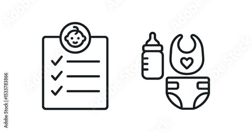 Baby checklist with bottle, bib, and diaper icons vector line icon illustration