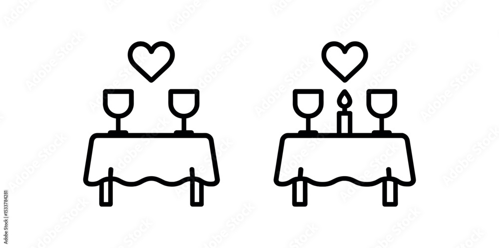 Romantic dinner icon with wine glasses, tables, and heart symbols vector line icon illustration Romantic dinner icon with wine glasses, tables, and heart symbols vector line icon illustration