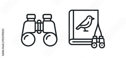 Binoculars and birdwatching book icon - birding equipment outline illustration vector line icon illustration