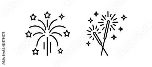 Black and white fireworks and sparklers icon set with stars vector line icon illustration