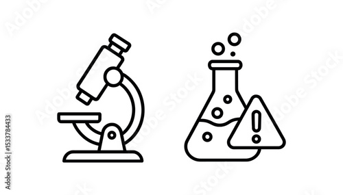 Laboratory microscope and chemical flask with warning icon vector line icon illustration