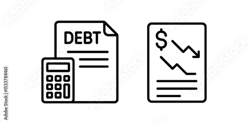 Debt calculation and financial loss icon set with calculator and declining chart vector line icon illustration