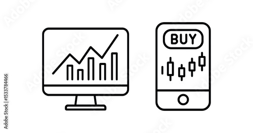 Financial trading icons on computer and smartphone display vector line icon illustration