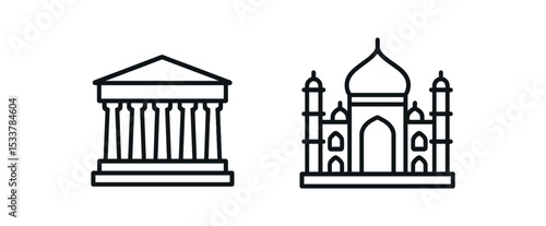 Greek parthenon and indian taj mahal icons - cultural architectural symbols vector line icon illustration