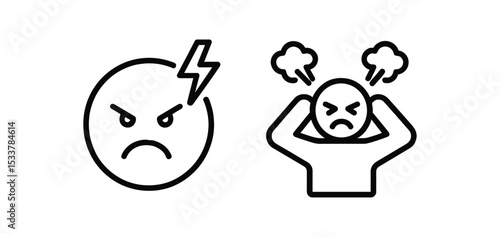 Angry face and stressful person icon with lightning bolt and steam vector line icon illustration