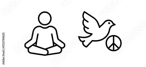 Meditation and peace symbols: yoga pose and dove with peace sign vector line icon illustration