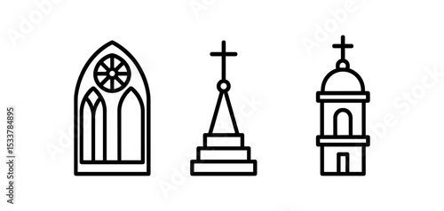 Religious rosary beads and bible with cross symbols vector line icon illustration