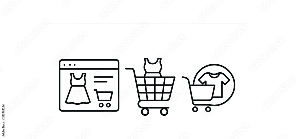Online shopping icons with dress and cart symbols vector line icon illustration Online shopping icons with dress and cart symbols vector line icon illustration