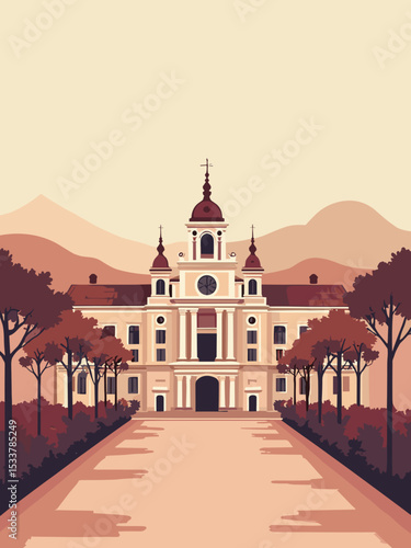 Madrid — Royal Palace, Plaza Mayor, Almudena Cathedral in dusty rose, terracotta, beige, and deep plum