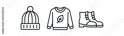Winter clothing icons: knitted hat, leaf sweater, sturdy boots in minimalist black line art vector line icon illustration