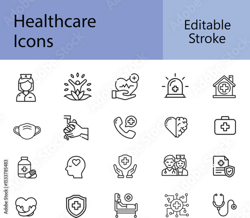 Healthcare icons, editable stroke, isolated on white background