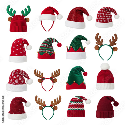 A festive array of christmas hats and reindeer headbands, isolated on transparent background
