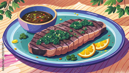 Argentinian grilled steak (asado) with chimichurri sauce traditional South American barbecue dish, rich in flavor, culture, and smoky aroma