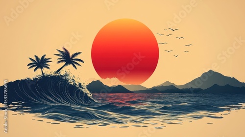 Tropical sunset over ocean waves