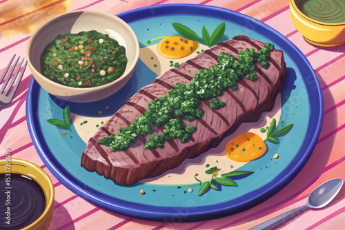 Argentinian grilled steak (asado) with chimichurri sauce traditional South American barbecue dish, rich in flavor, culture, and smoky aroma