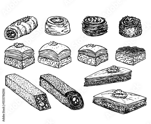 Hand drawn turkish baklava on white background. Assorted Oriental sweets sketch. Engraved baked arabic dessert with pistachio, peanut, honey, almond. For menu, card, flyer, poster design