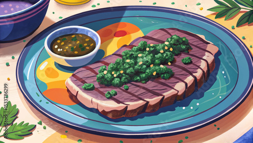 Argentinian grilled steak (asado) with chimichurri sauce traditional South American barbecue dish, rich in flavor, culture, and smoky aroma