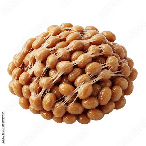A mound of glistening natto beans, bound by sticky strands, isolated on transparent background