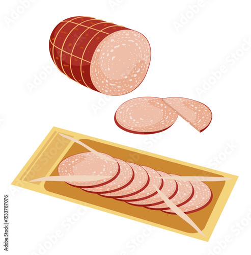 Italian Mortadella bologna deli. Meat sausage, pepperoni liver mortadella salami. Cooked and prepared meat product with slices