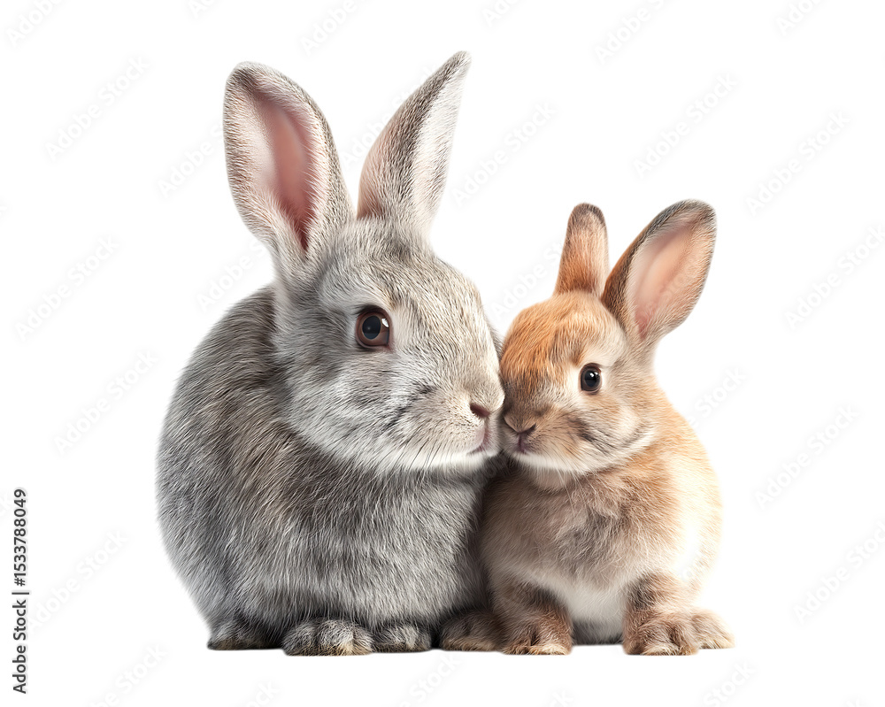 Cute mother rabbit and baby bunny isolated on a transparent background Cute mother rabbit and baby bunny isolated on a transparent background