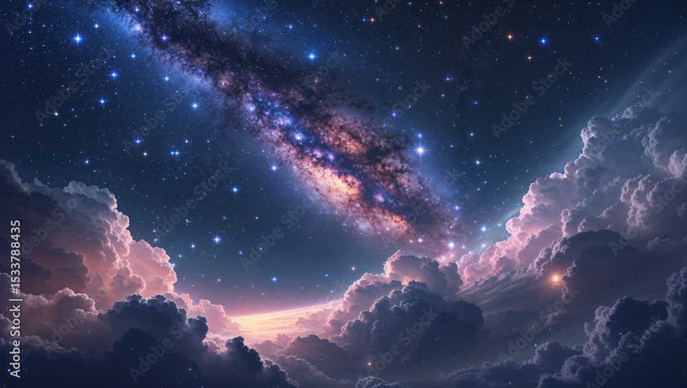 Fototapeta premium Spectacular celestial display of the milky way galaxy above dreamlike cloudscape imagery