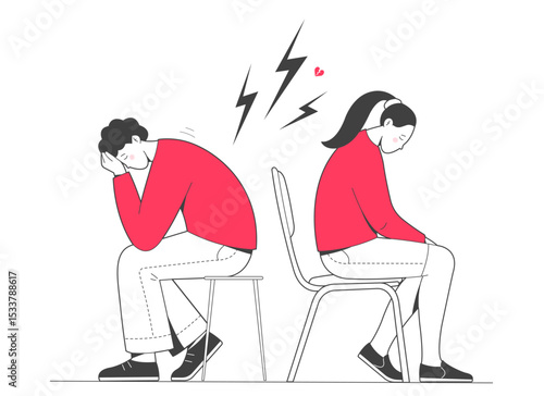 The concept of a family quarrel, conflicts and crisis. Sad depressed couple sitting back to back. Disagreement, relationship troubles.  Flat vector illustration	