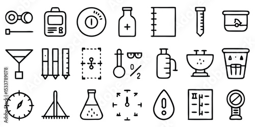 Hand-drawn outline illustrations of laboratory equipment and scientific tools on white background.