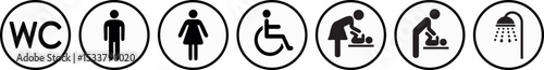 WC toilet icons. Human male or female signs. Baby change table room, disabled symbol.
