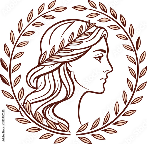 Elegant woman profile with laurel wreath design