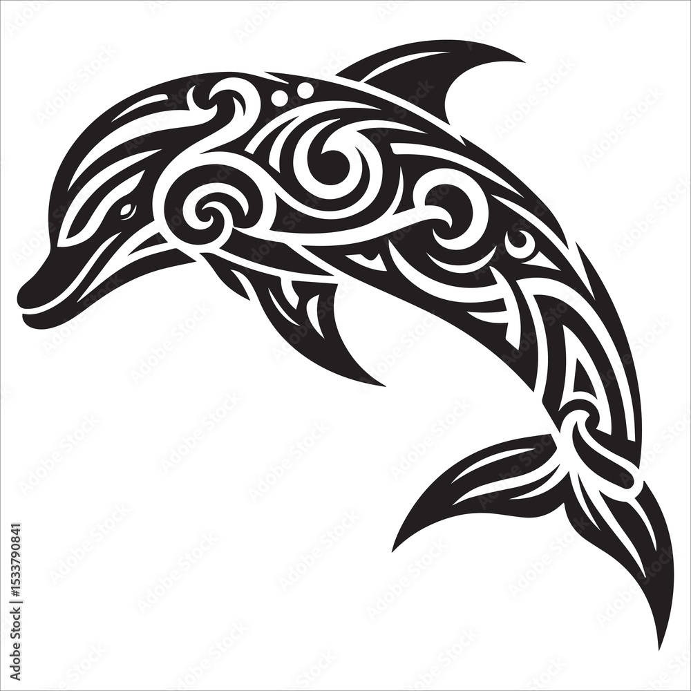 Obraz premium Tribal Dolphin Silhouette Vector,blue circular whale vector illustration