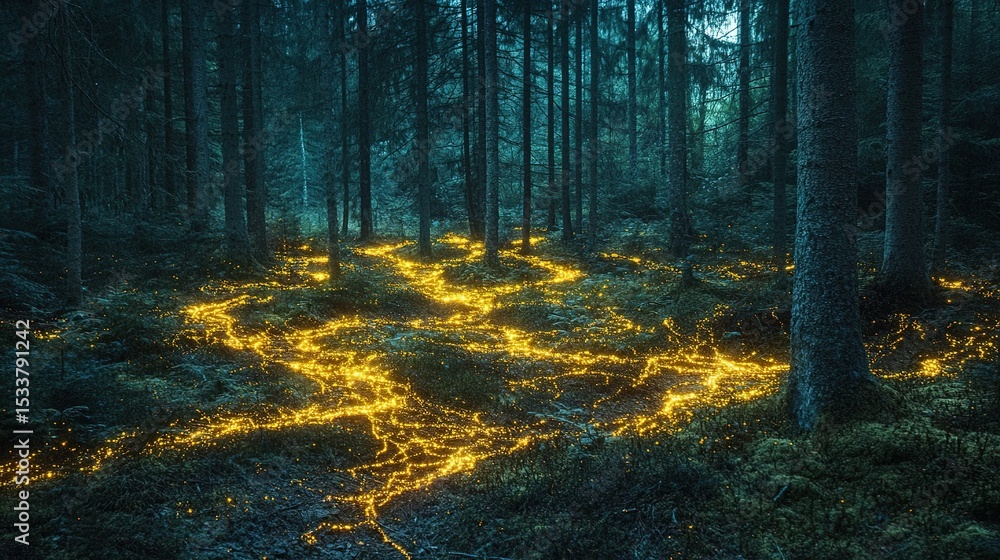 Fototapeta premium Luminous Lichen Carpet in Forest Forming Glowing Pathways with Fractal Patterns