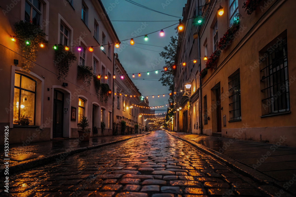 Fototapeta premium Colorful Mardi Gras street adorned with festive lights and decor