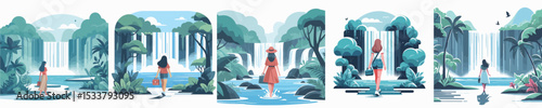 woman character vector going to waterfall