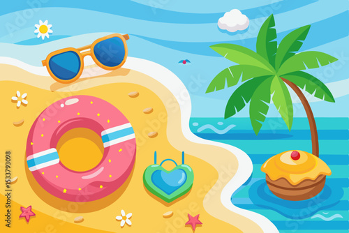 Tropical beach resort with palm trees, sun, and ocean waves, ideal for a summer holiday vacation