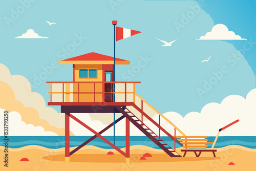 A vibrant lifeguard tower stands on the sandy Miami Beach, overseeing the tranquil blue ocean under a summer sky