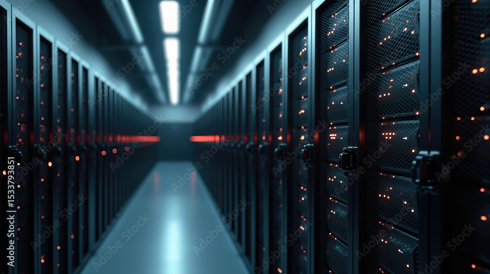 Protected devices. Dimly lit server room with glowing lights and modern equipment. Technology and Privacy. Data Protection Day. Protected devices. Dimly lit server room with glowing lights and modern equipment. Technology and Privacy. Data Protection Day.
