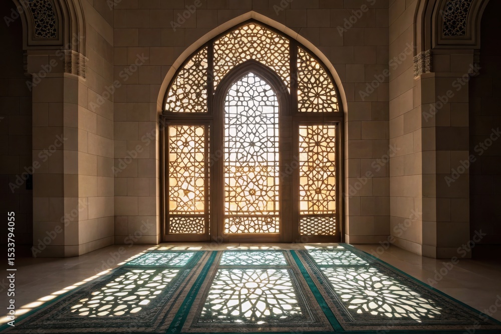 Obraz premium Intricate Masjid Window Casting Shadows in Golden Light Inside Majestic Architecture