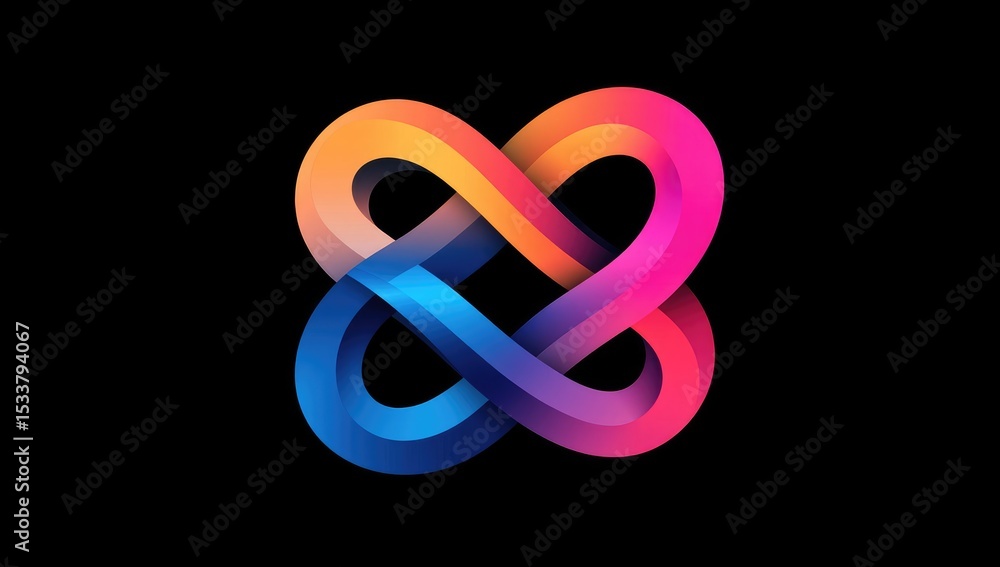 Obraz premium Abstract design featuring two intertwined, colorful, ribbon-like shapes on a black background
