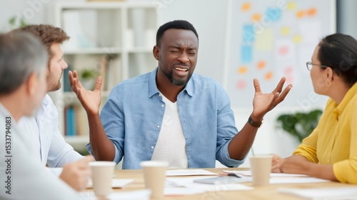 In a modern office space, a manager uses conflict resolution skills to mediate a discussion among team members, fostering a collaborative atmosphere for better communication